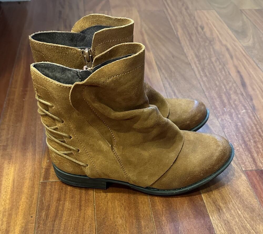 Miz Mooz Dotti Boots Women’s 38 Wheat Suede Leather Lace Up Back Side Zip Moto
